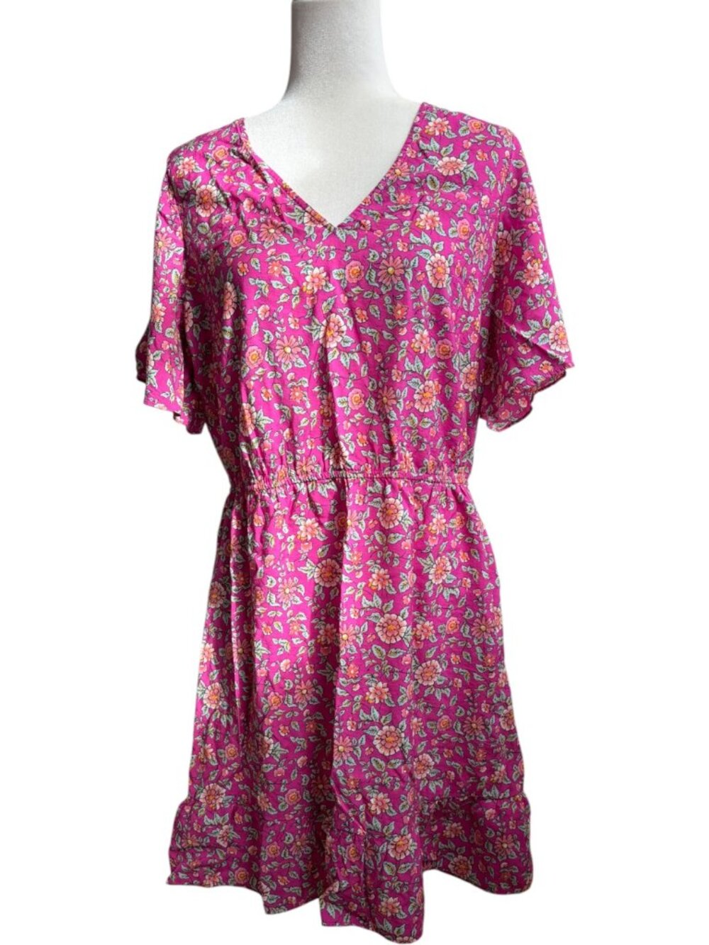 LOFT Pink Floral V-Neck Ruffle Sleeve Dress Elastic Waist Size XL